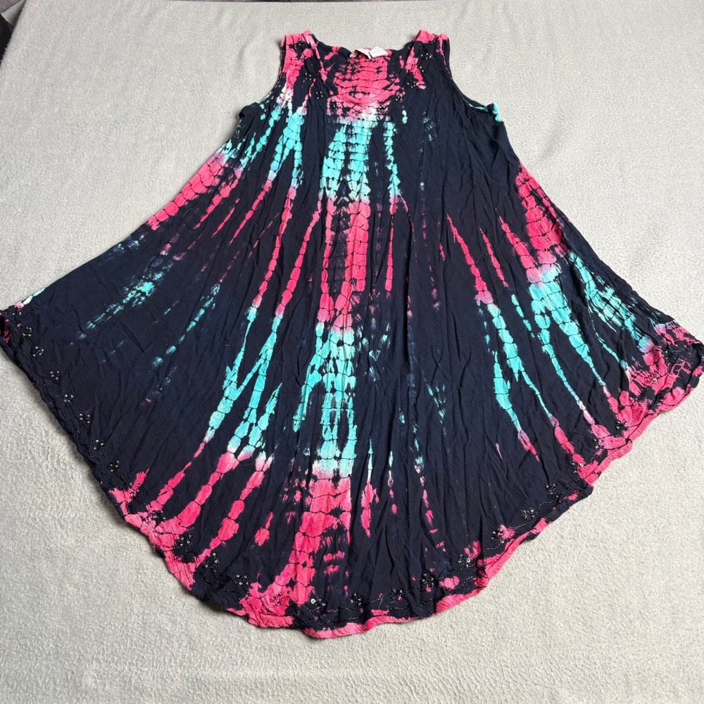 Just Cruising Tie‎ Dye Handkerchief Hem Dress Pink Turquoise Beaded Rayon OS